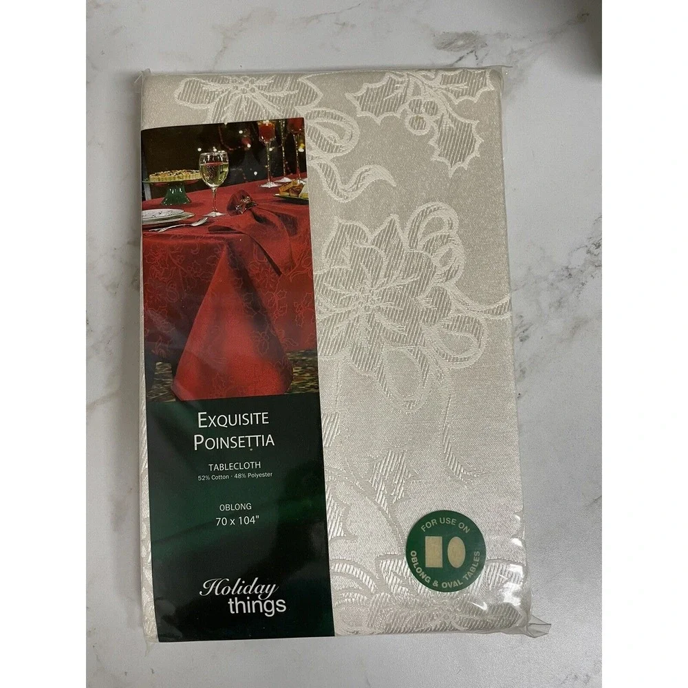 Holiday Things Cream Tablecloth Poinsettia Damask New in Package 70x104‎